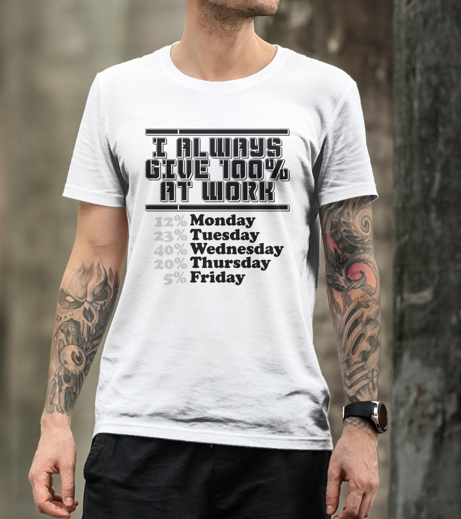 I Always Give 100 Percent At Work 12 Percent Monday 23 Percent Tuesday 40 Percent Wednesday 20 Percent Thursday 5 Percent Friday T-Shirt