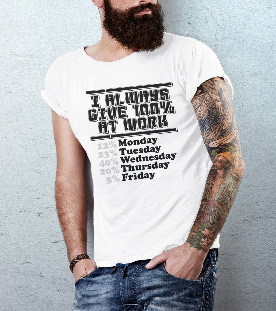I Always Give 100 Percent At Work 12 Percent Monday 23 Percent Tuesday 40 Percent Wednesday 20 Percent Thursday 5 Percent Friday T-Shirt