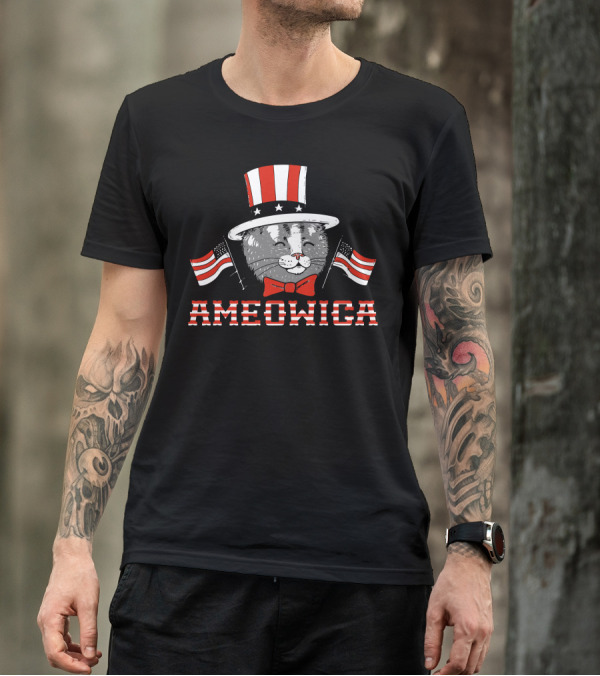 Ameowica Uncle Sam Cat With Patriotic Flags T-Shirt