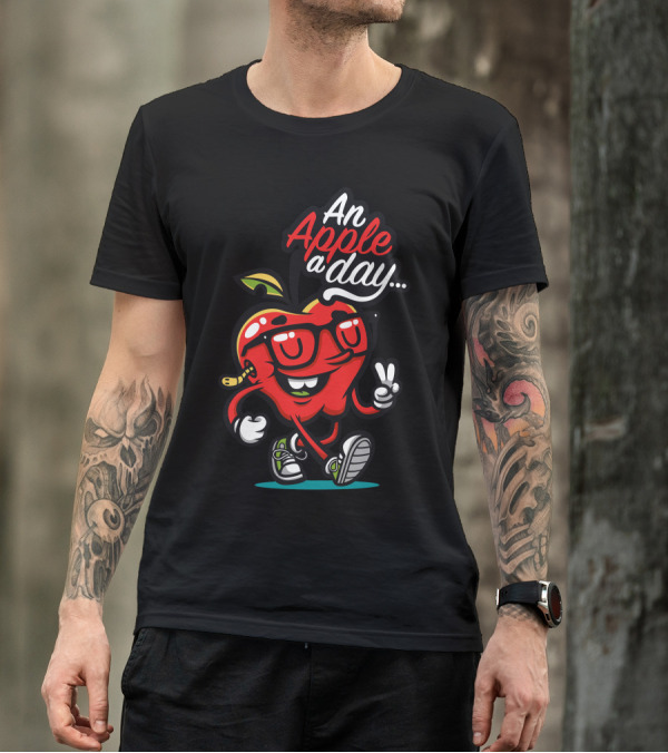 An Apple A Day Character With Glasses And Peace Sign T-Shirt