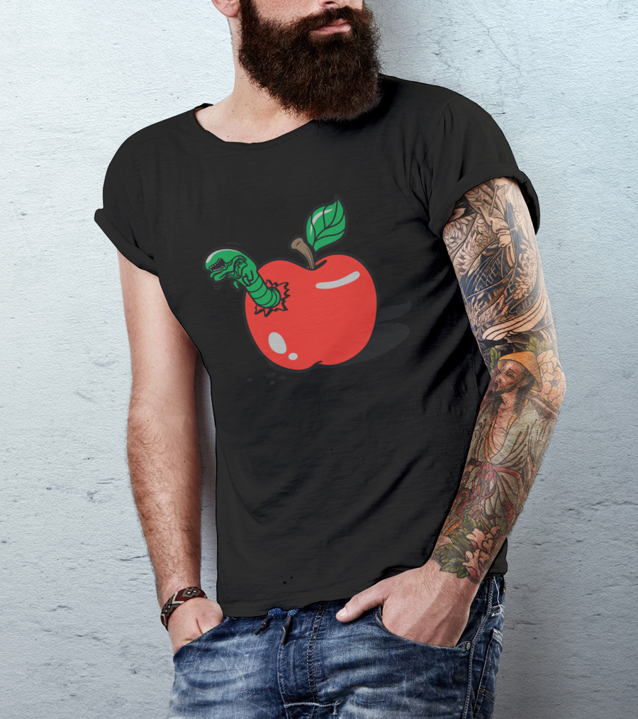 Apple Burster Dinosaur Worm Emerging From Red Fruit T-Shirt