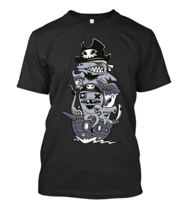 Arrr Pirate Cartoon Sharks On Pirate Ship T-Shirt