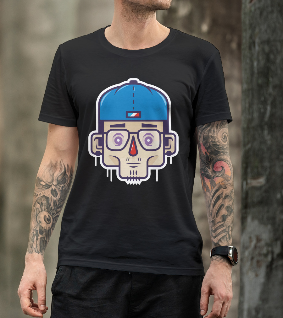 Aspiration Avatar Cartoon Skull With Glasses And Blue Cap T-Shirt
