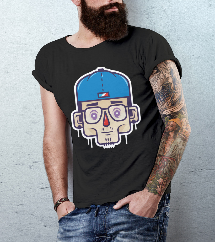 Aspiration Avatar Cartoon Skull With Glasses And Blue Cap T-Shirt