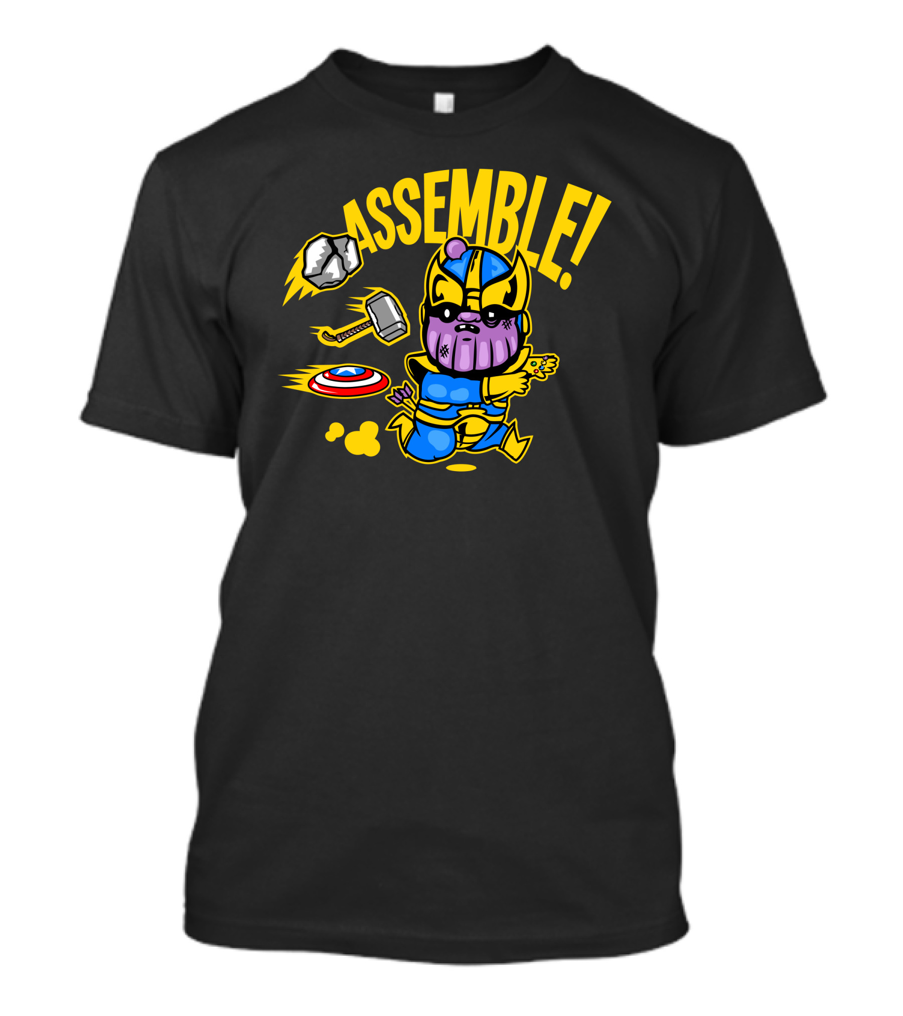 Assemble Yellow Outline Cartoon Thanos With Mjolnir Hammer And Shield T-Shirt
