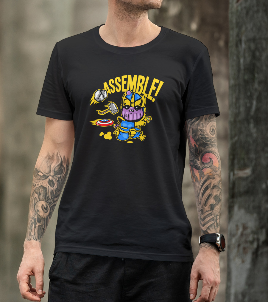 Assemble Yellow Outline Cartoon Thanos With Mjolnir Hammer And Shield T-Shirt