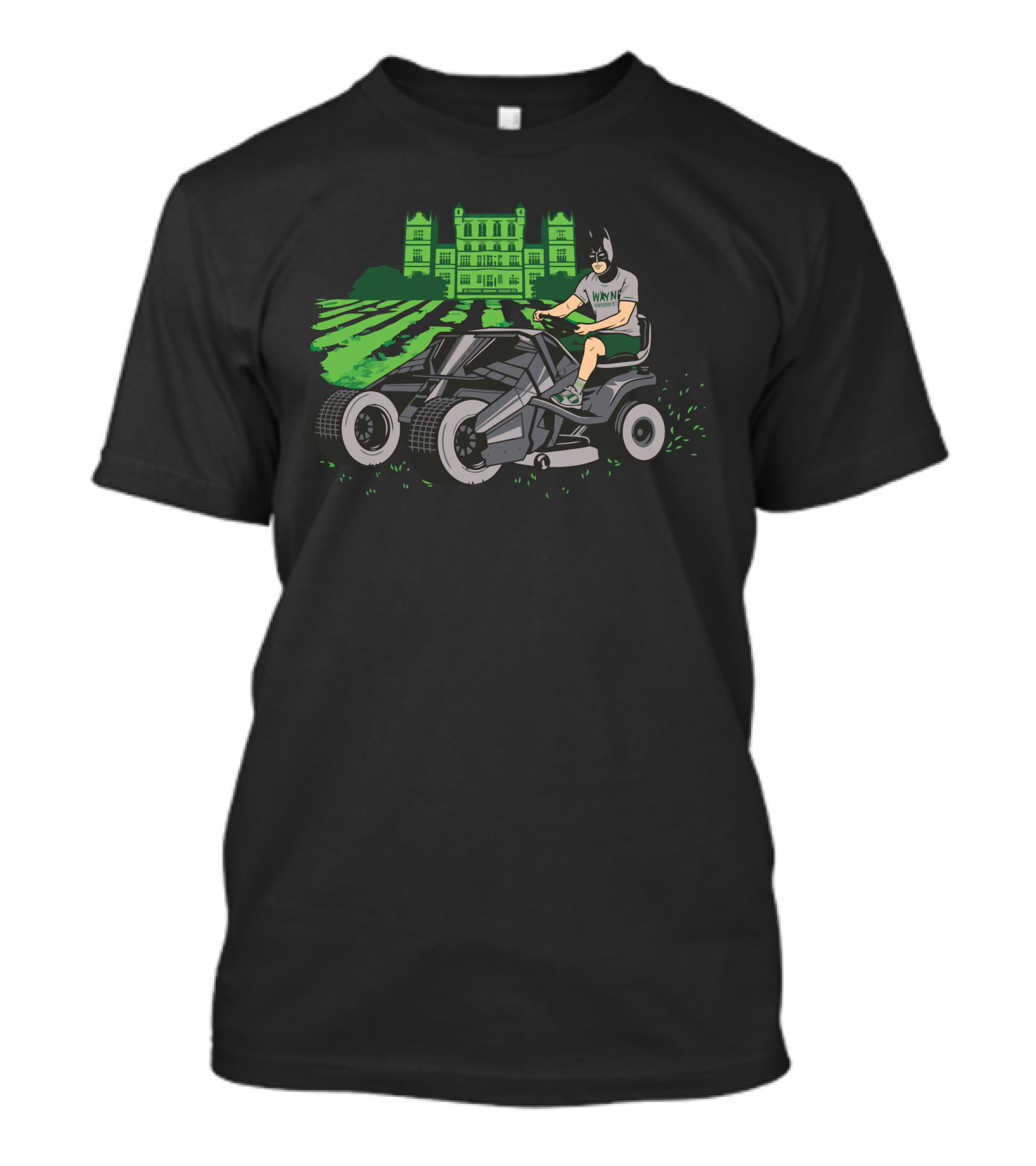 Batmowbile Riding Mower With Gothic Mansion Background T-Shirt