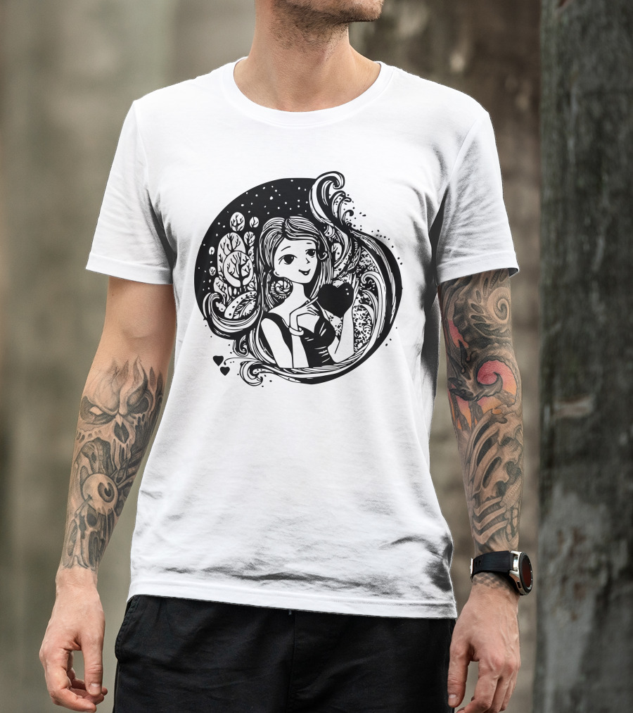 Beautiful Nighttime Lady With Heart And Nature Elements T-Shirt