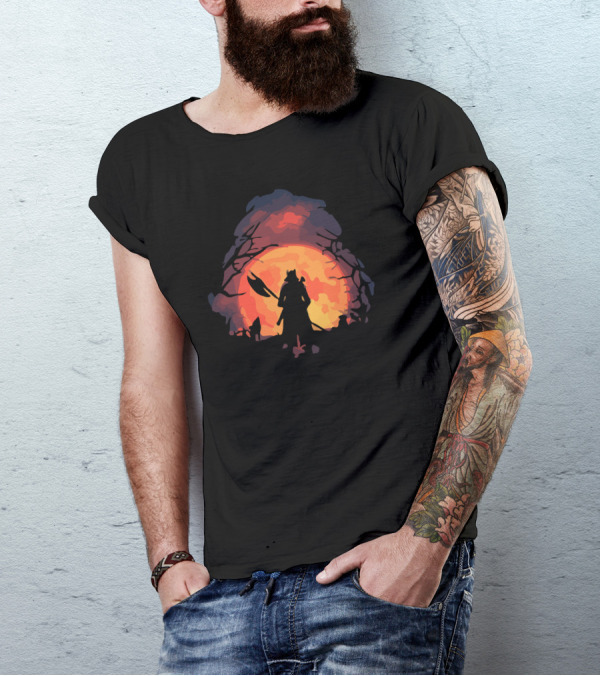 Blood Moon Warrior Silhouette Against Fiery Sky T-Shirt