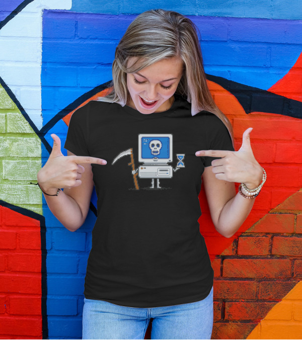 Blue Screen Of Death Grim Reaper Computer Skull Pixel T-Shirt