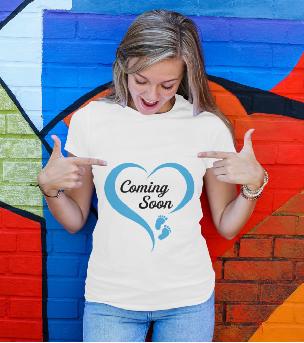 Coming Soon Heart With Blue Baby Footprints Maternity T-Shirt