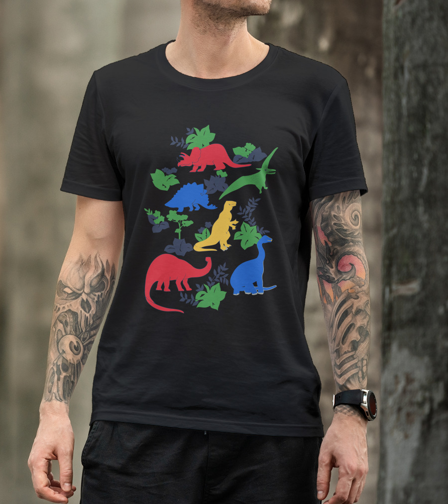 Colorful Dinosaurs Surrounded By Vibrant Green Foliage T-Shirt