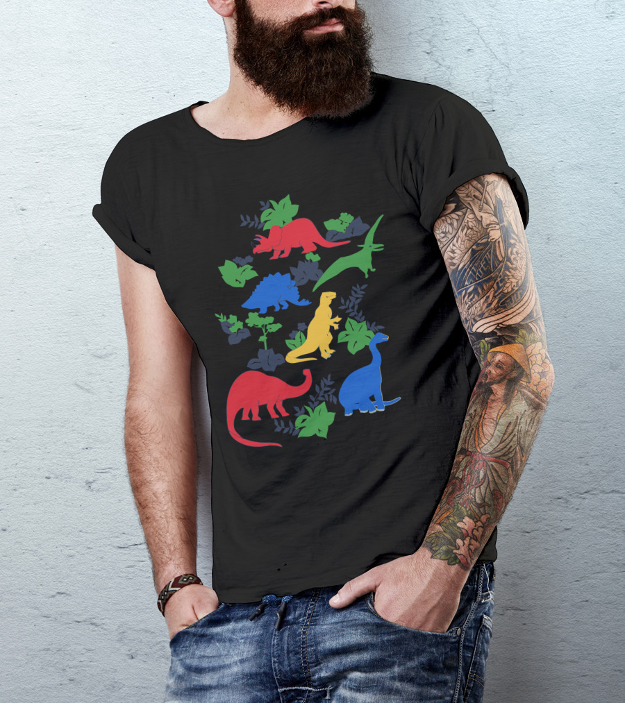 Colorful Dinosaurs Surrounded By Vibrant Green Foliage T-Shirt