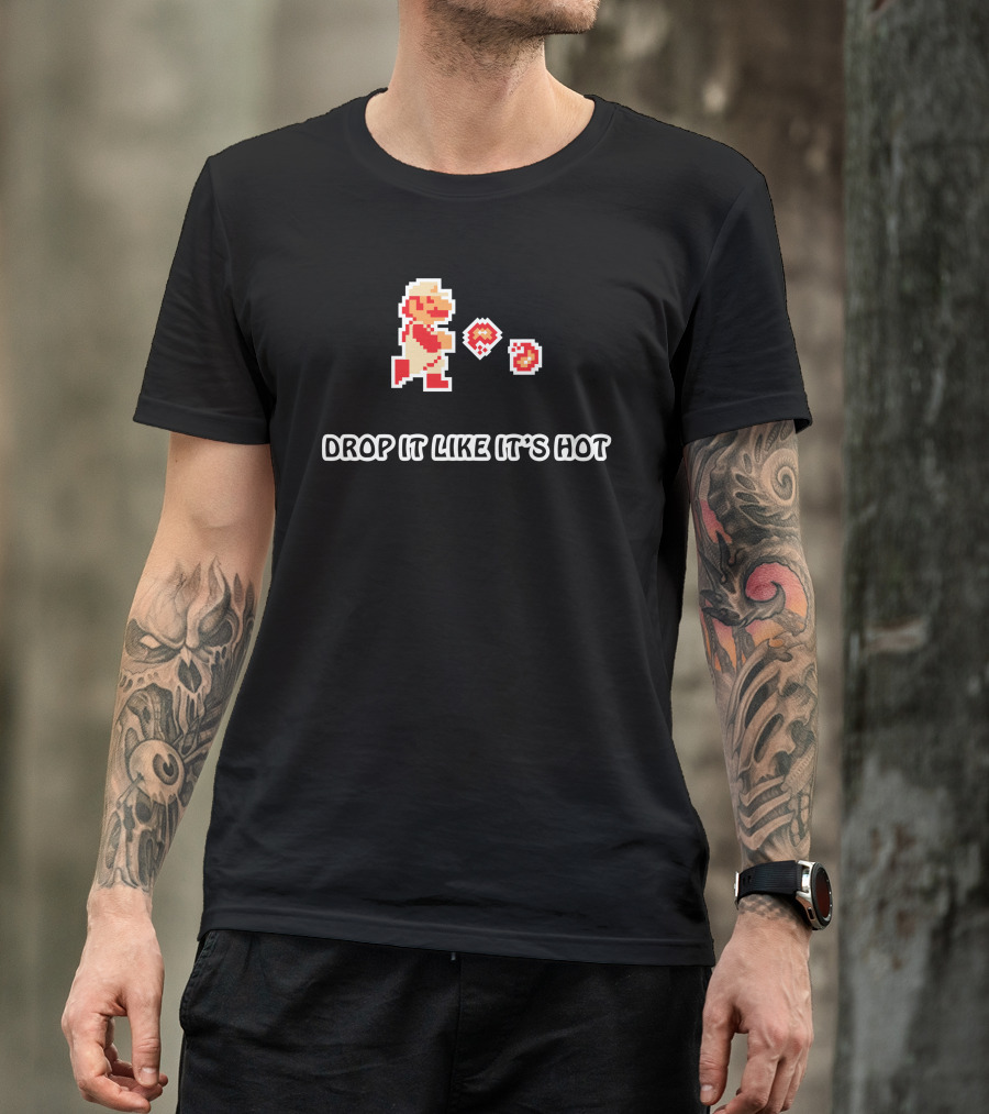 DROP IT LIKE IT'S HOT Retro Game Character Throwing Fireballs T-Shirt