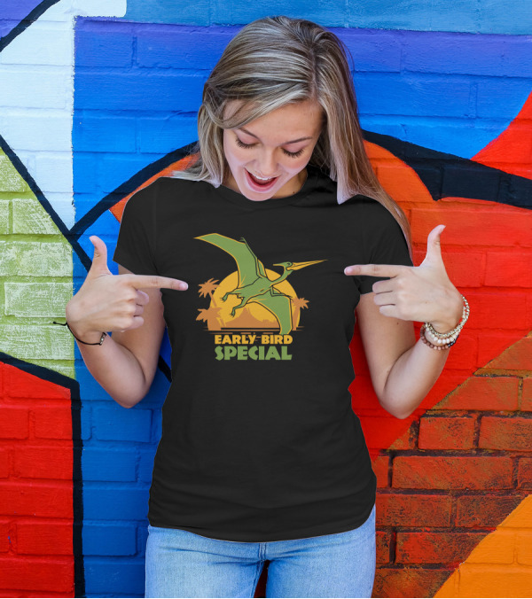 Early Bird Special Sunset Pterosaur And Palm Trees T-Shirt