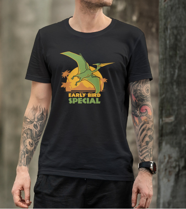 Early Bird Special Sunset Pterosaur And Palm Trees T-Shirt