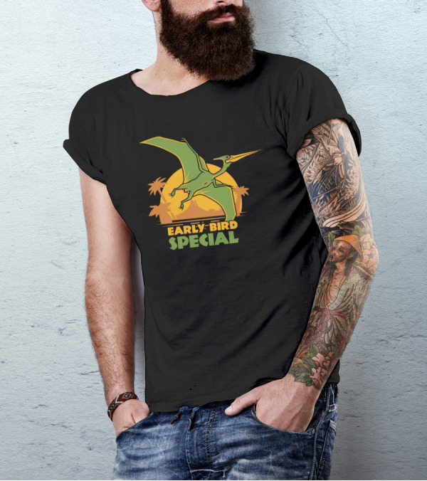 Early Bird Special Sunset Pterosaur And Palm Trees T-Shirt