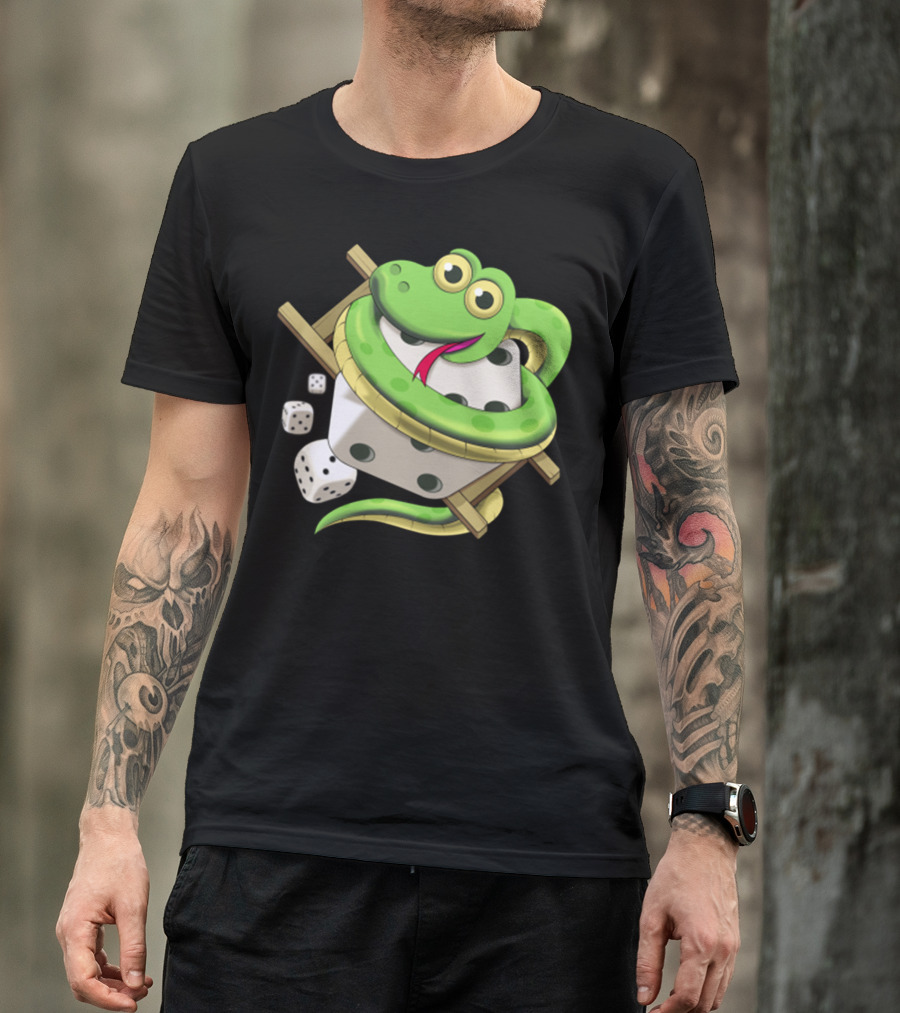 Funny Snake Dice Game Icon Green Cartoon Snake With Dice T-Shirt