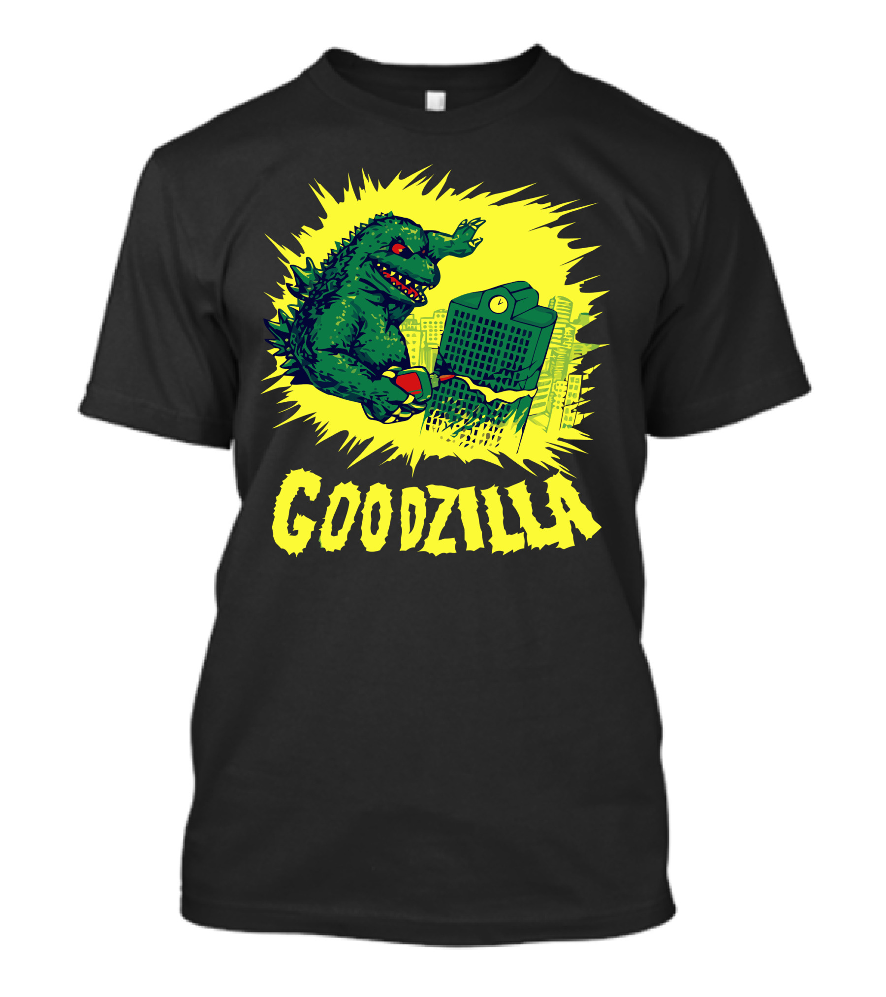 Goodzilla Funny Monster Holding Coffee In Cityscape Explosion T-Shirt
