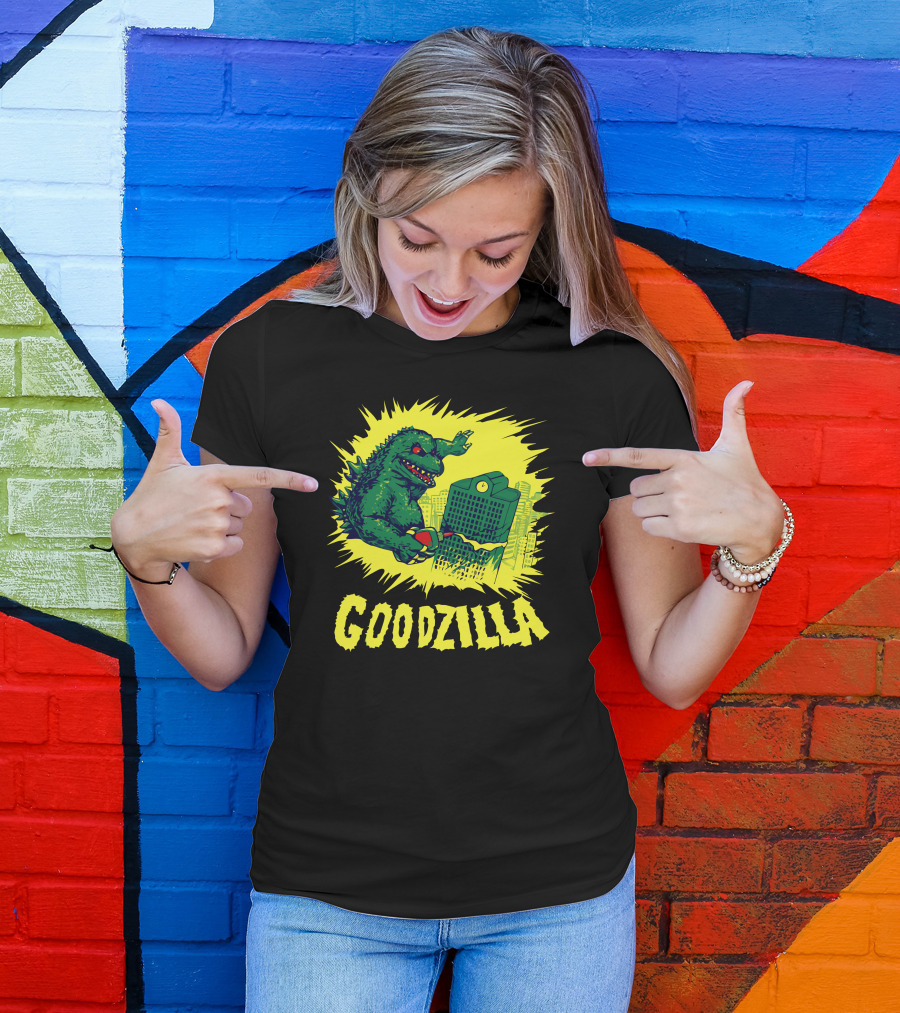 Goodzilla Funny Monster Holding Coffee In Cityscape Explosion T-Shirt