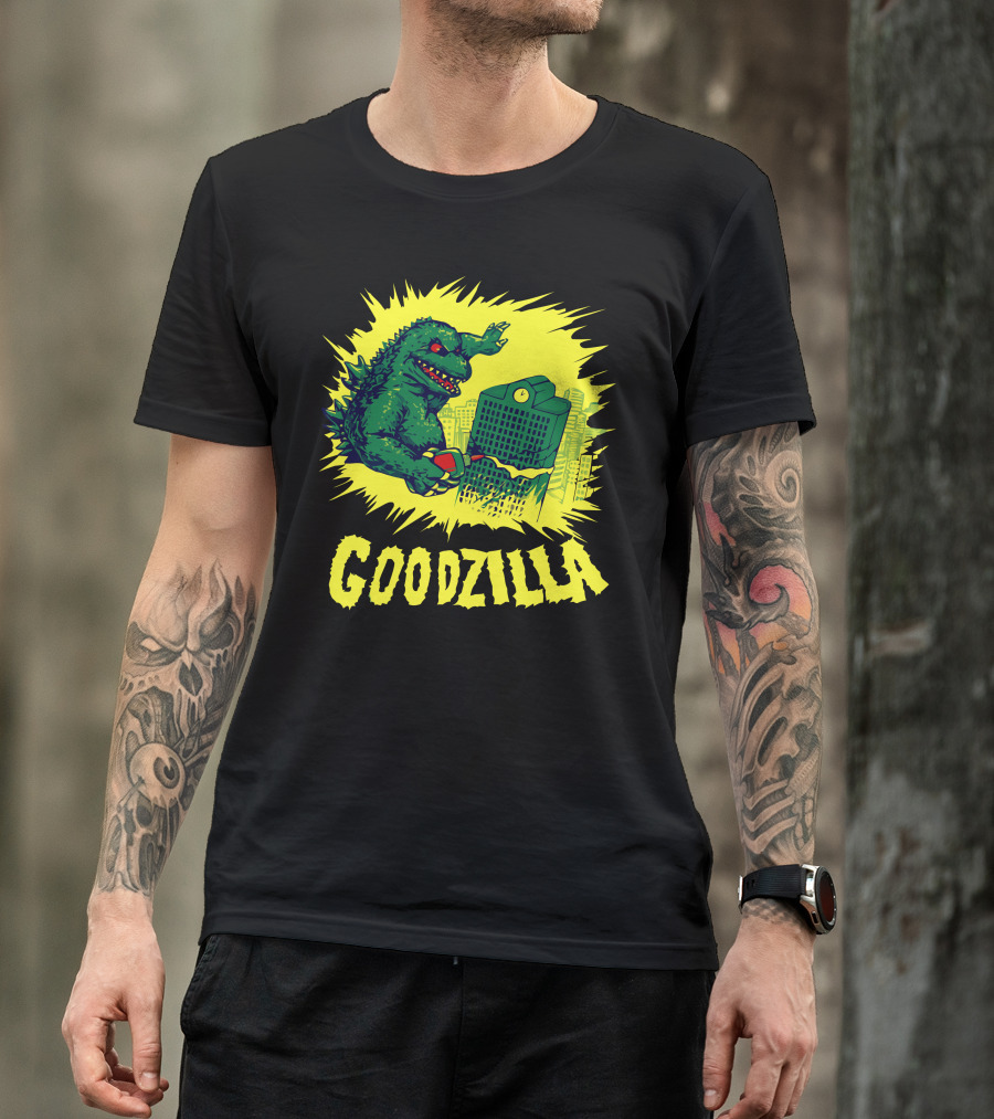 Goodzilla Funny Monster Holding Coffee In Cityscape Explosion T-Shirt