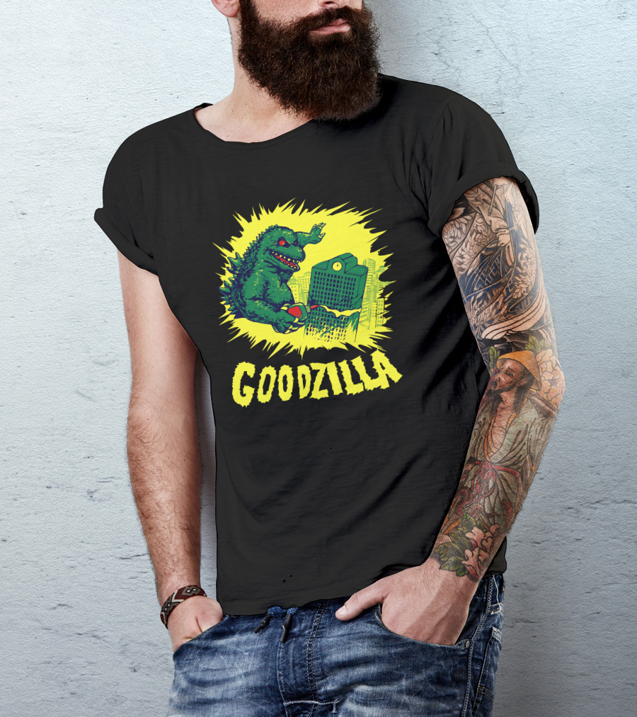 Goodzilla Funny Monster Holding Coffee In Cityscape Explosion T-Shirt