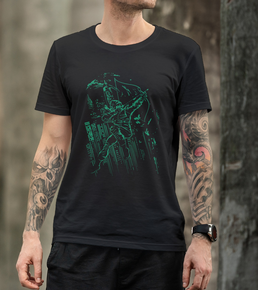 Green Vigilance Archer Hero Urban Skyline T-Shirt