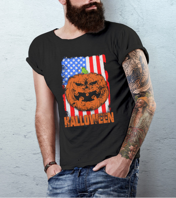 Halloween Pumpkin American Flag Halloween T-Shirt