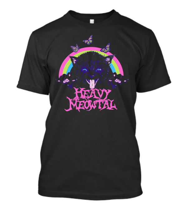 Heavy Meowtal Neon Cat Rainbow Butterflies T-Shirt