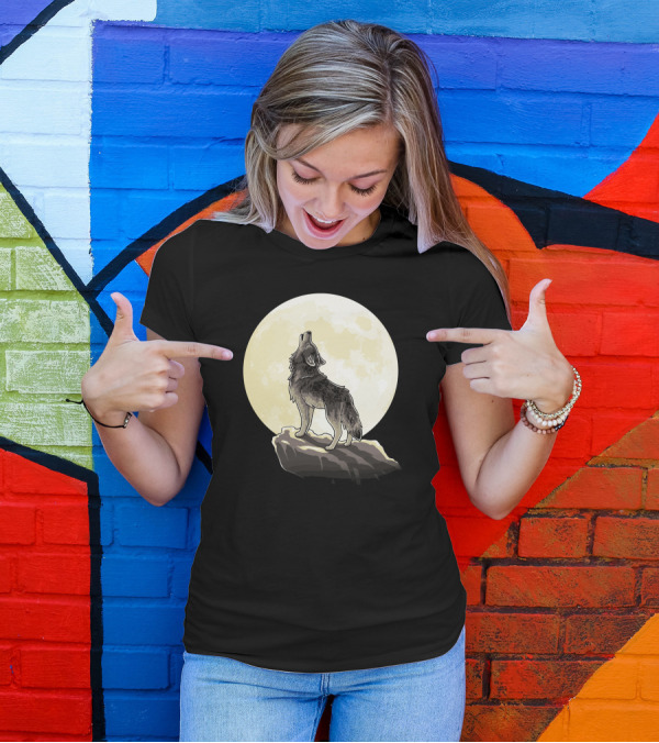 Howl At The Moon Full Wolf Silhouette In Front Of Bright Full Moon T-Shirt