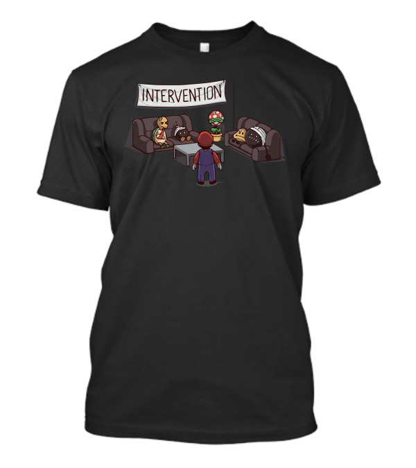 Intervention With Iconic Video Game Characters In Comical Setting T-Shirt