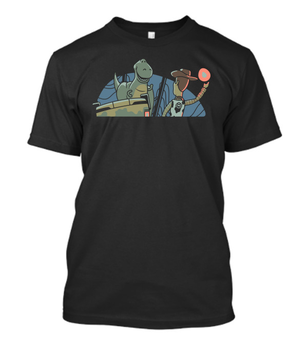 Jurassic Story Crossover With Dinosaur And Cowboy Toy In Jeep T-Shirt