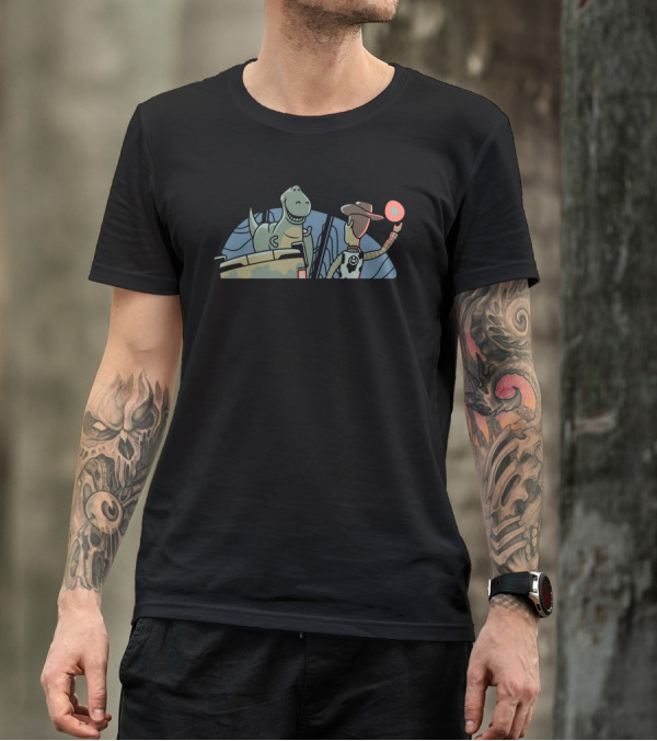 Jurassic Story Crossover With Dinosaur And Cowboy Toy In Jeep T-Shirt