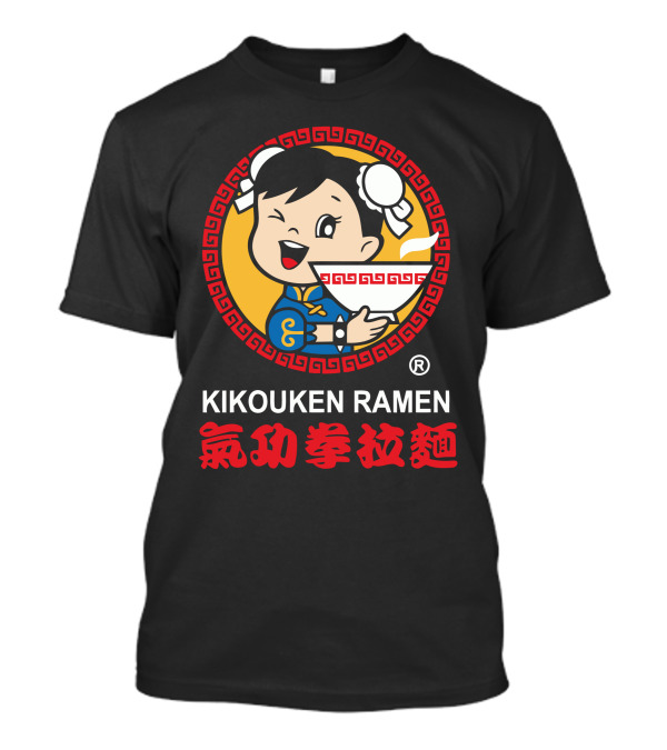 Kikouken Ramen Winking Character With Bowl And Red Greek Key Border T-Shirt