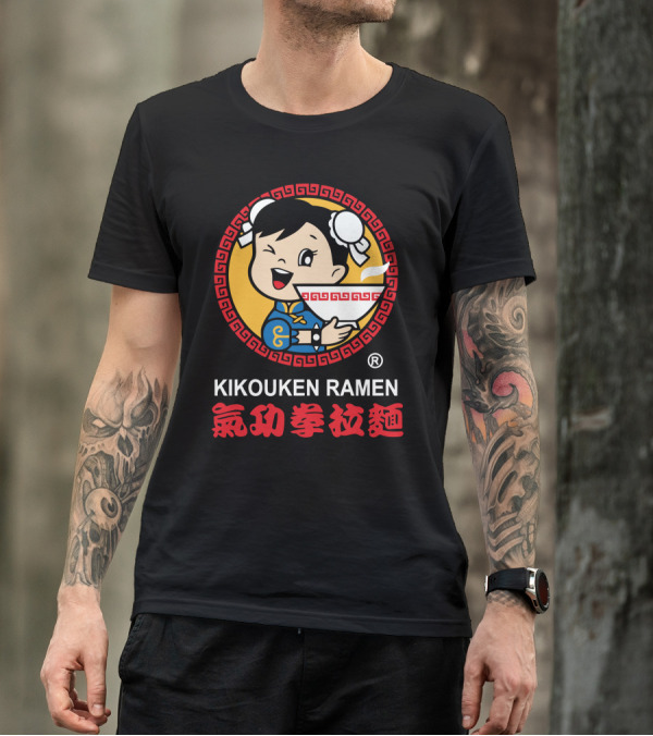 Kikouken Ramen Winking Character With Bowl And Red Greek Key Border T-Shirt