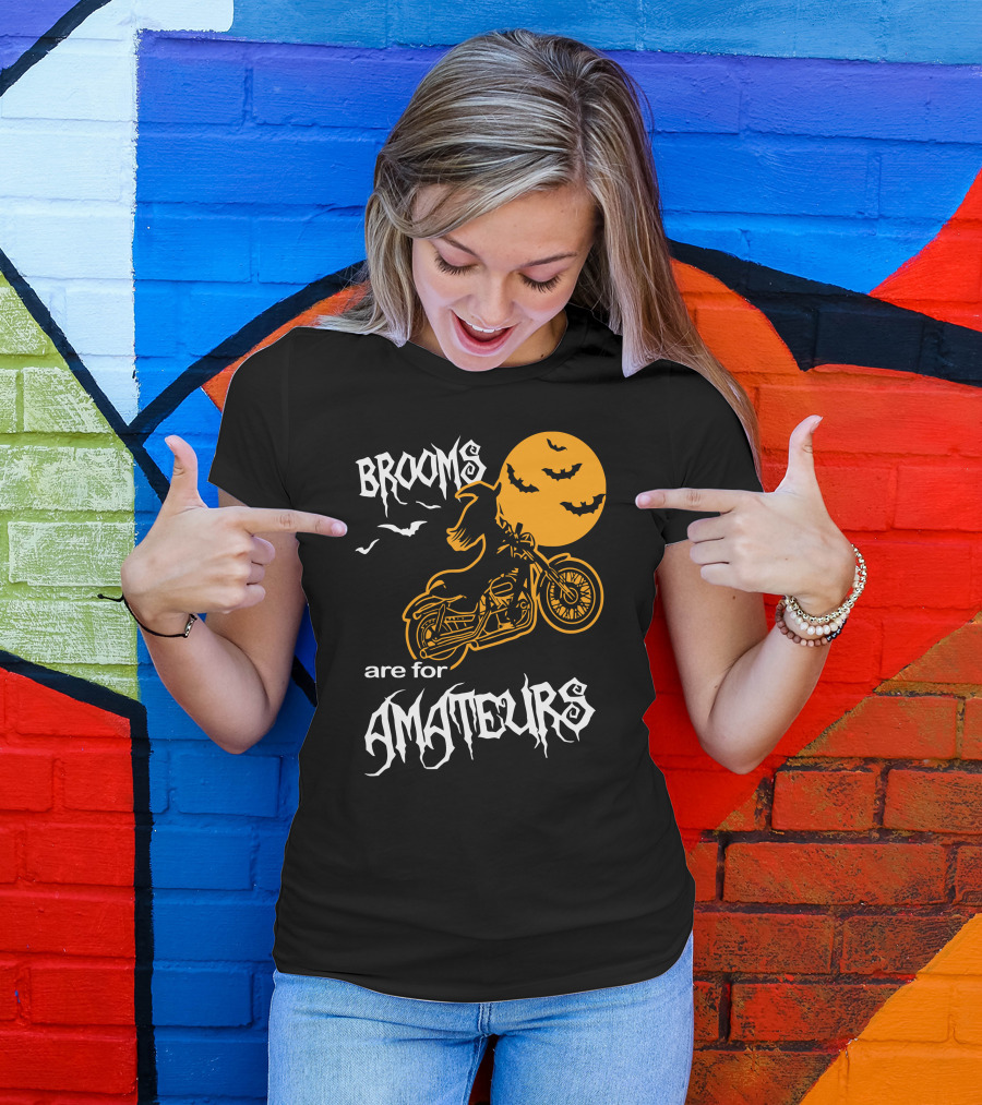 Brooms Are For Amateurs Motorcycle Riders Halloween Moon Bats T-Shirt