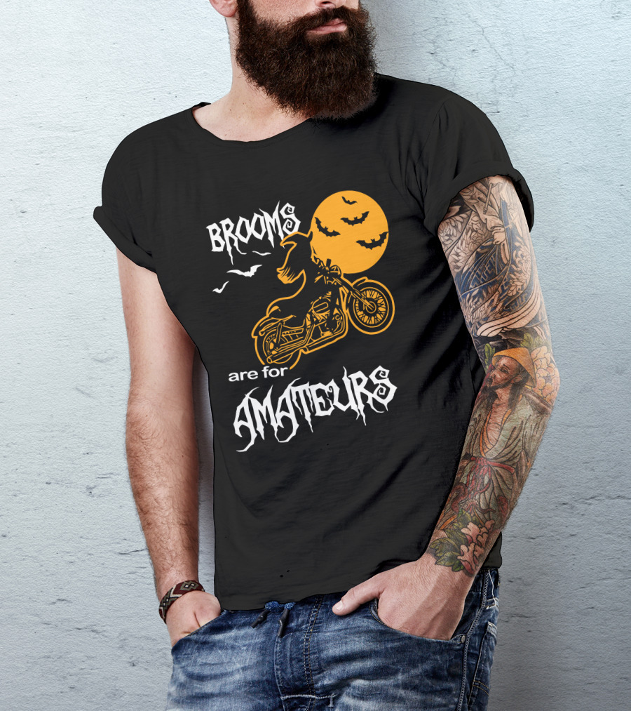 Brooms Are For Amateurs Motorcycle Riders Halloween Moon Bats T-Shirt