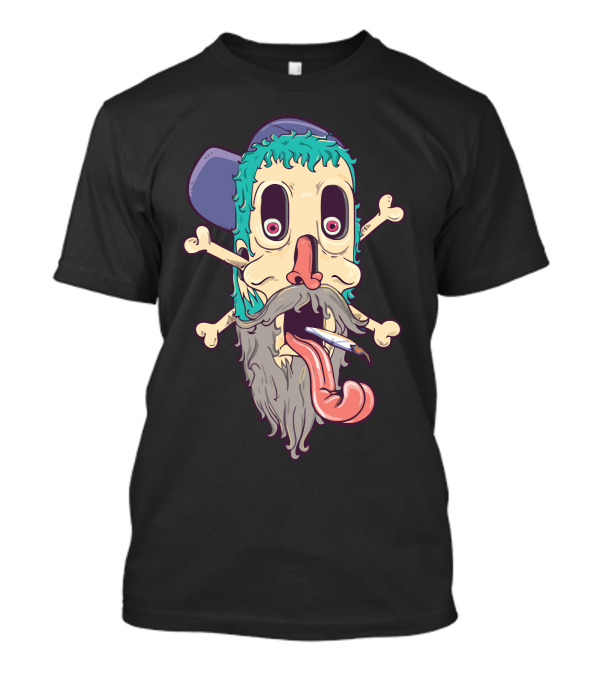 New Skul Trippy Bearded Cartoon Head With Crossbones And Cap T-Shirt