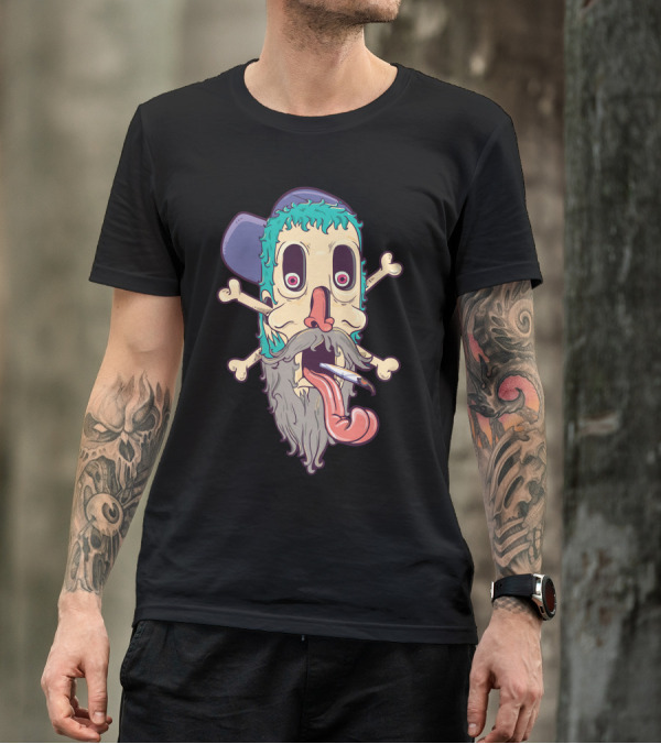 New Skul Trippy Bearded Cartoon Head With Crossbones And Cap T-Shirt
