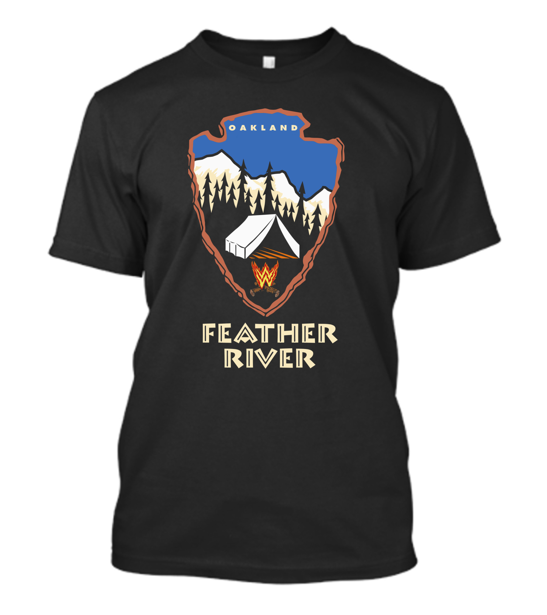 Oakland Feather River Camping Symbol With Tent And Mountains T-Shirt