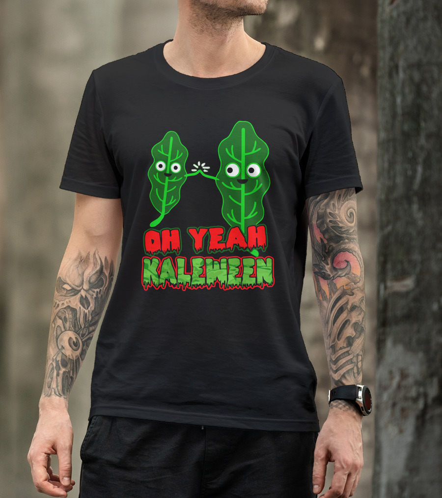 Oh Yeah Kaleween Kale Leaf High Five Spooky Text T-Shirt
