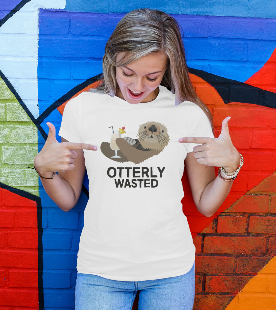 OTTERLY WASTED Drinking Otter With Cocktail T-Shirt