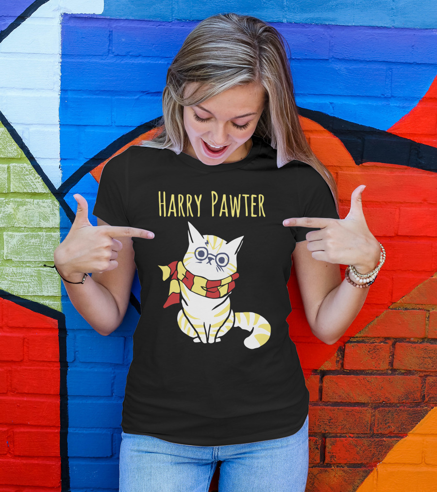 Harry Pawter Cat With Glasses And Gryffindor Scarf T-Shirt