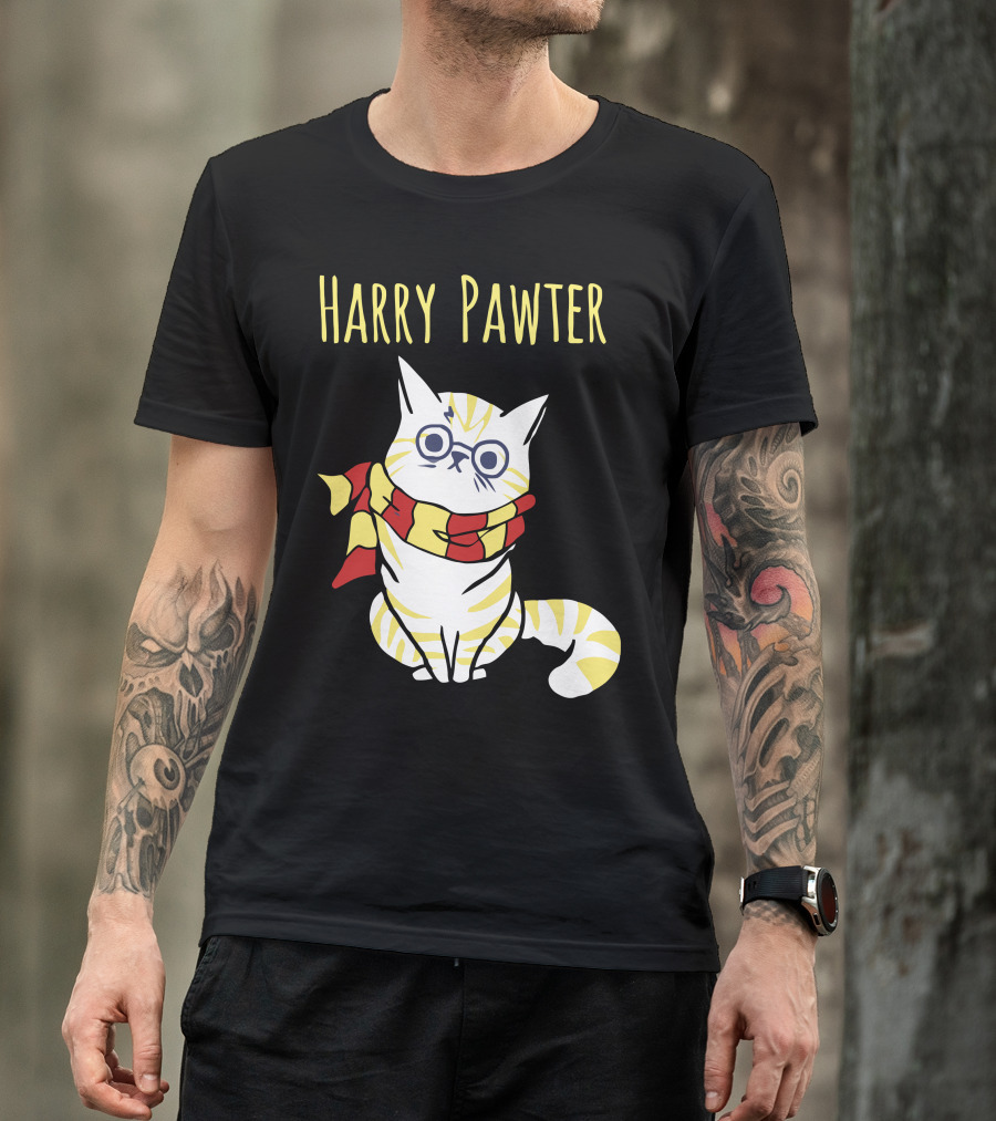 Harry Pawter Cat With Glasses And Gryffindor Scarf T-Shirt