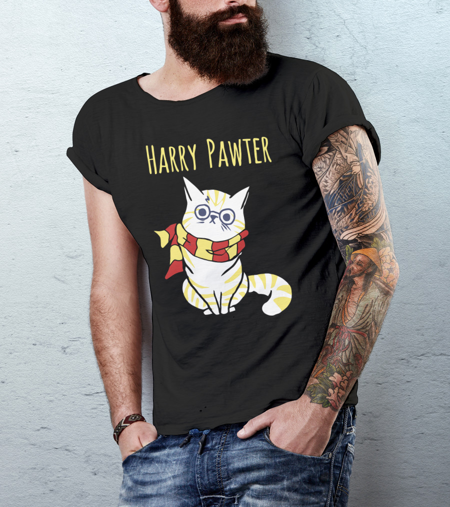 Harry Pawter Cat With Glasses And Gryffindor Scarf T-Shirt