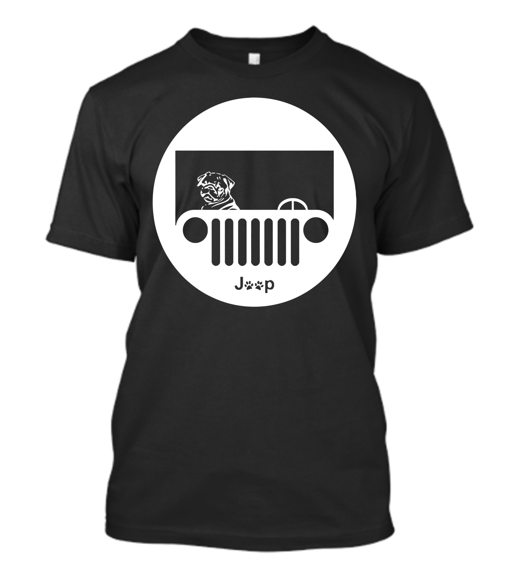 Pug In Jeep Front Grille Window Graphic With J🐾P Text T-Shirt