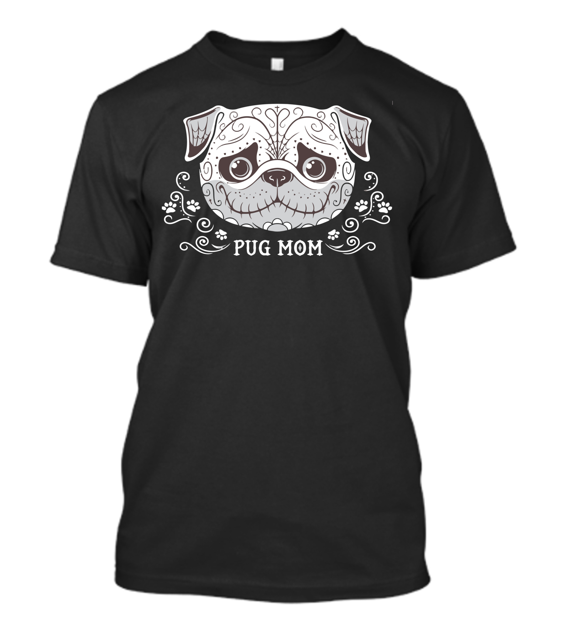 Pug Mom Sugar Skull Paw Print Swirls T-Shirt
