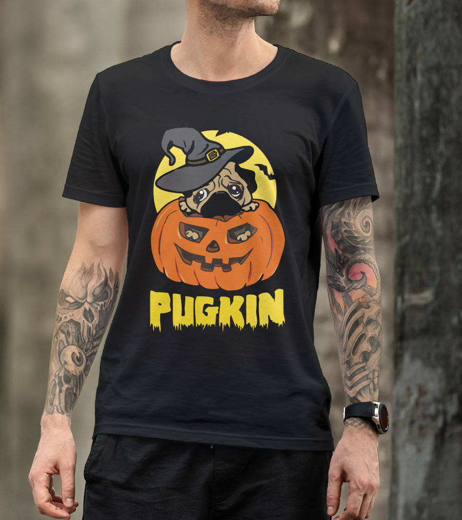 Pugkin Halloween Pumpkin Pug With Witch Hat T-Shirt