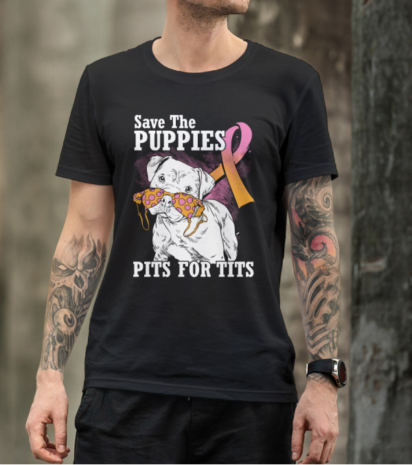 Save The Puppies Pits For Tits Pink Ribbon Dog Image T-Shirt