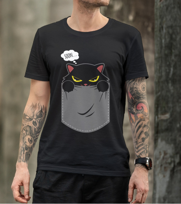 Soon Cat Peeking Out Of Pocket T-Shirt
